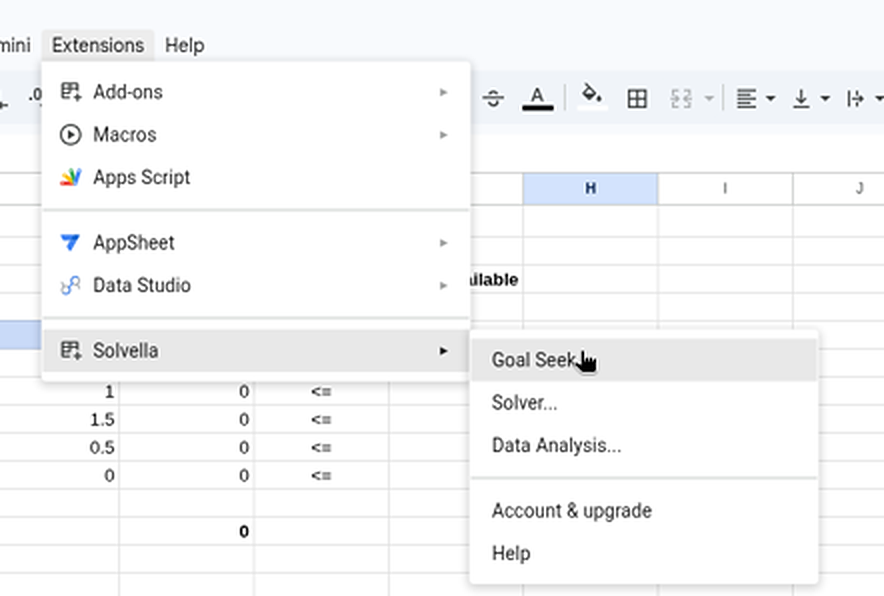 The Extensions menu open with Solvella highlighted, and Solvella's submenu showing Goal Seek, Solver, Data Analysis, Account & upgrade and Help