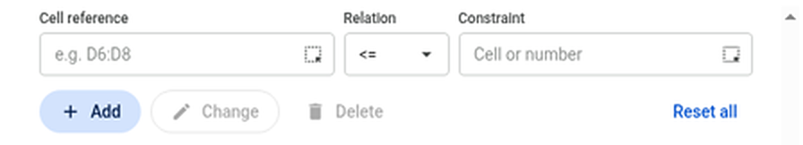 The constraint row of the Solver dialog: Cell reference, Relation, Constraint and the Add button